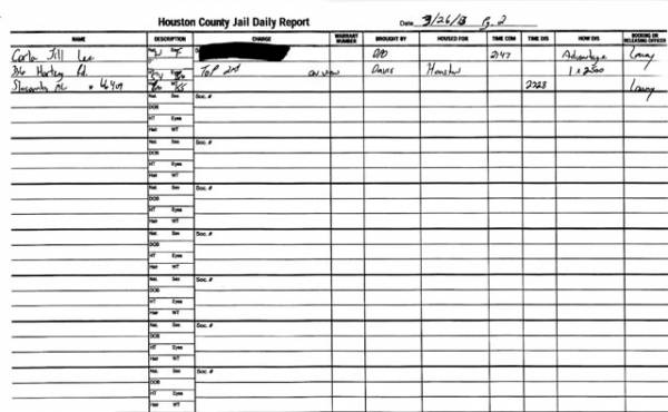 Houston County Jail Docket for 03-26-13