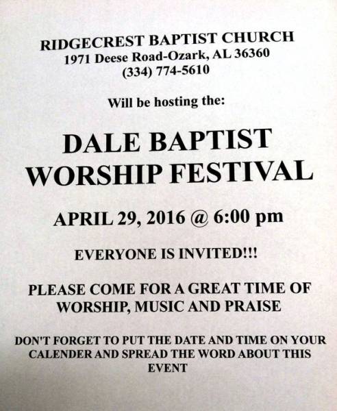 Dale Baptist Worship Festival Set for April 29th