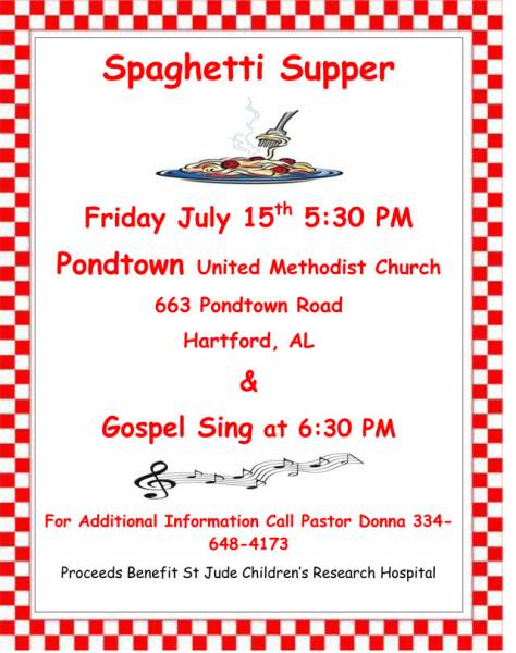 Pondtown United Methodist Church to hold Spaghetti Supper