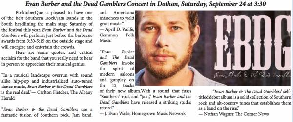 Evan Barber & the Dead Gamblers to play Dothan next weekend!