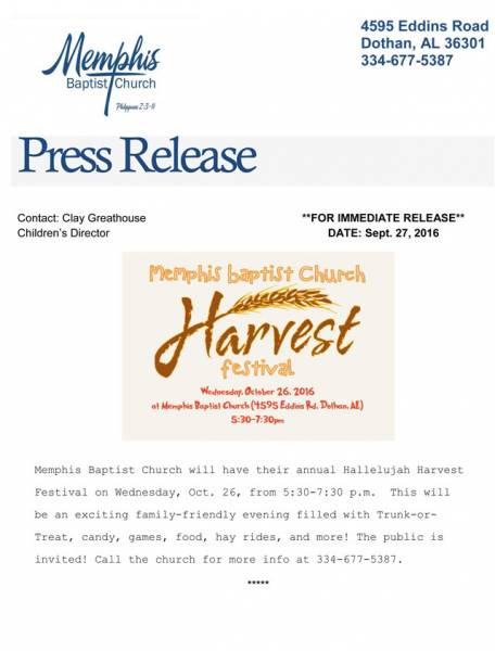 Menphis Baptist Church to Hold Harvest Festival