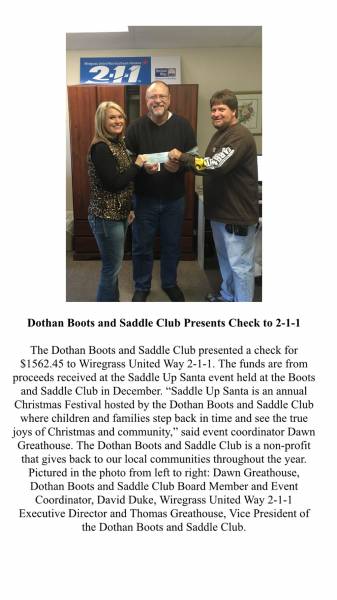 Dothan Boots and Saddles Presents a Check to 211
