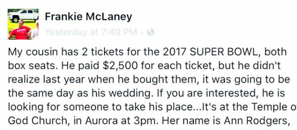 Super Bowl Tickets and Wedding Cause A Problem