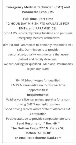 EMT's and Paramedic's Needed - Full amd Part Time