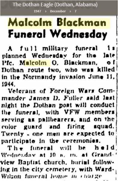 PFC MALCOLM BLACKMAN.... Paid The Ultimate Sacrifice 73 Years Ago...Obituary From 1947 Found If You Know The Relatives  Let Them Know That Malcolm Is Being Remembered As Hometown Hero