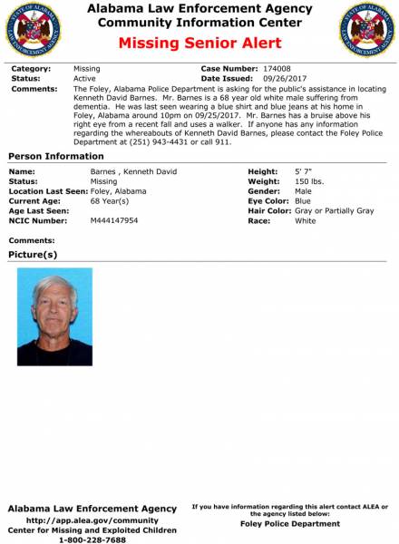UPDATED at 11:08 AM Alabama Law Enforcement Agency Issues Missing Senior Alert
