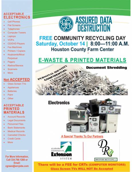 COMMUNITY RECYCLING EVENT TO BE HELD OCTOBER 14