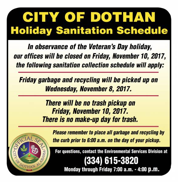 City of Dothan Sanitation Collection Schedule for Veteran’s Day Holiday