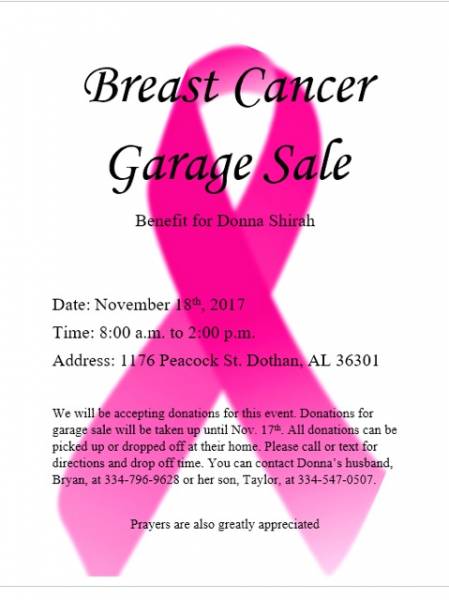 BREAST CANCER BENEFIT GARAGE SALE FOR DONNA SHIRAH