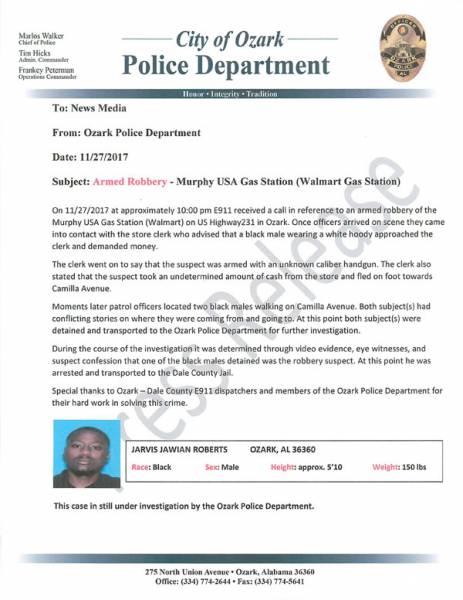 Press Release on Last Nights Robbery in Ozark