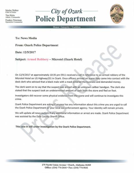 Press Release on Armed Robbery in Ozark