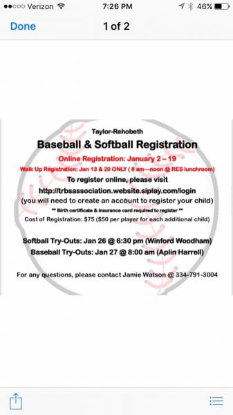 Taylor-Rehobeth Baseball and Softball Registration