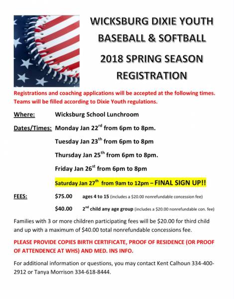 Wicksburg Baseball and Softball Registration