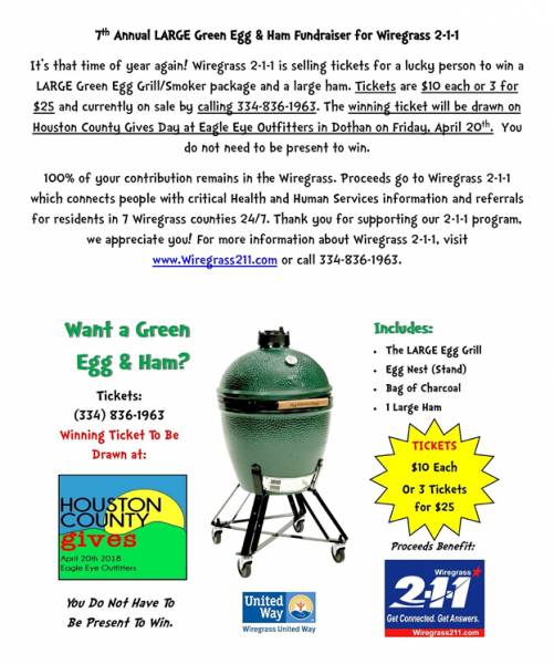 7th Annual LARGE Green Egg & Ham Fundraiser for Wiregrass 2-1-1