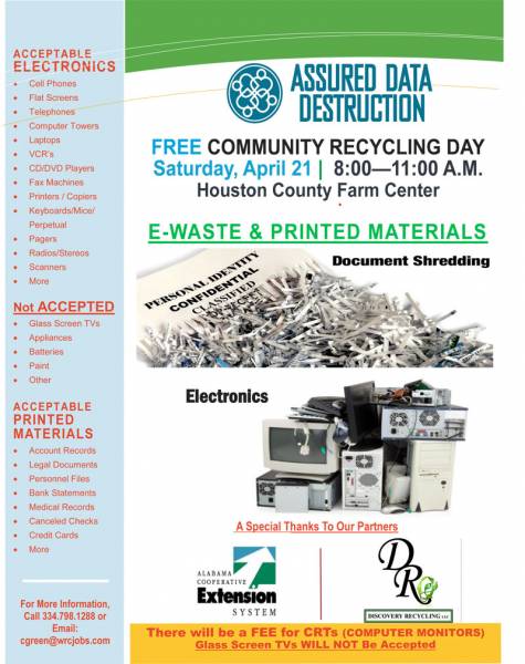 COMMUNITY RECYCLING EVENT TO BE HELD APRIL 21