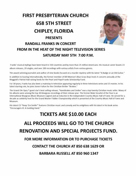 TV star/entertainer Randall Franks will perform at First Presbyterian Church in Chipley