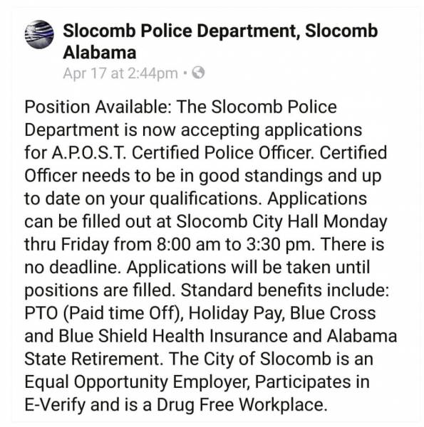 Slocomb Police Department is Hiring. Details Below