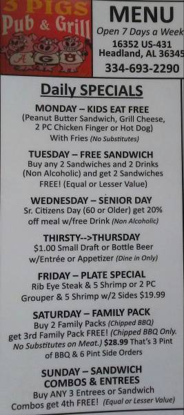 3 Pigs Pub & Grill - Daily Specials