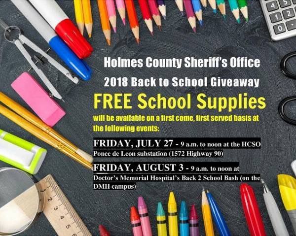 HOLMES COUNTY SHERIFF’S OFFICE TO OFFER FREE SCHOOL SUPPLIES