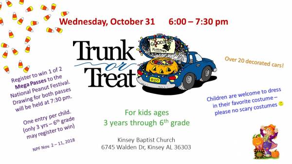 Kinsey Baptist Church will Host Trunk or Treat October 31st