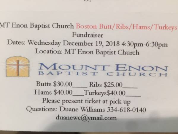 Mt Enon Baptist Church to Hold Boston Butt-Ribs-Ham-Turkey Fundraiser