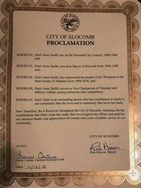 City of Slocomb Thanks Senator Harri Anne Smith