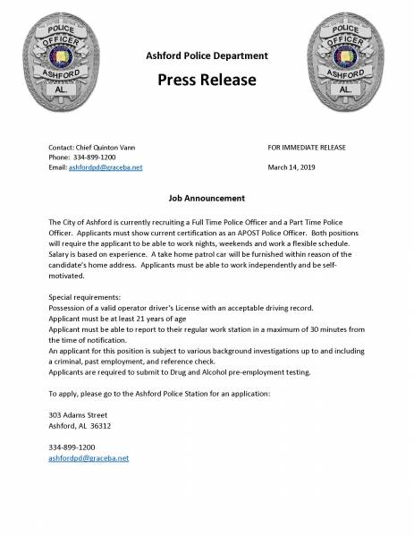 Job Announcement Ashford Police Department