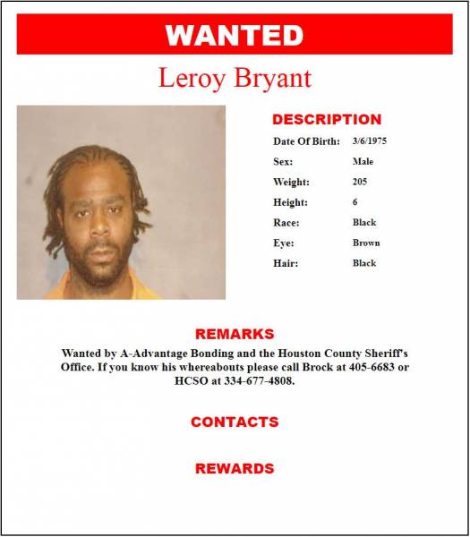 Wanted by A-Advantage Bonding and the Houston County Sheriff’s Office