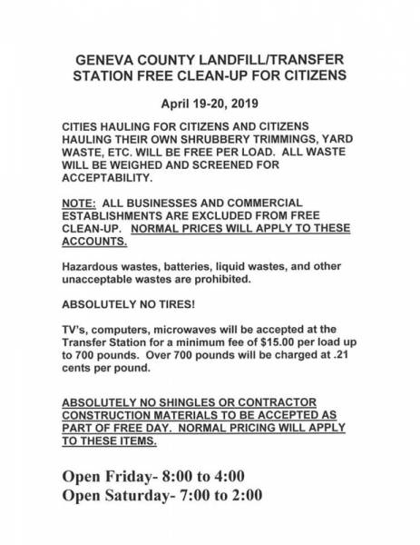 Geneva County Landfill/Transfer Station Free Clean-up for Citizens