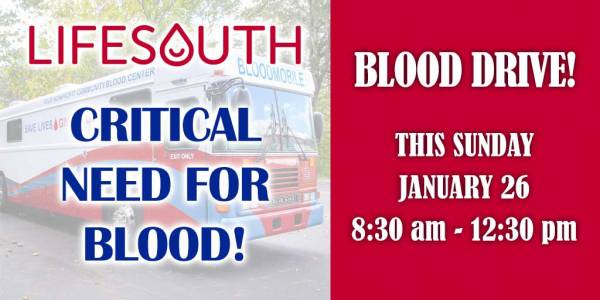 Emergency need for all blood types. Blood drive at FUMC Dothan.