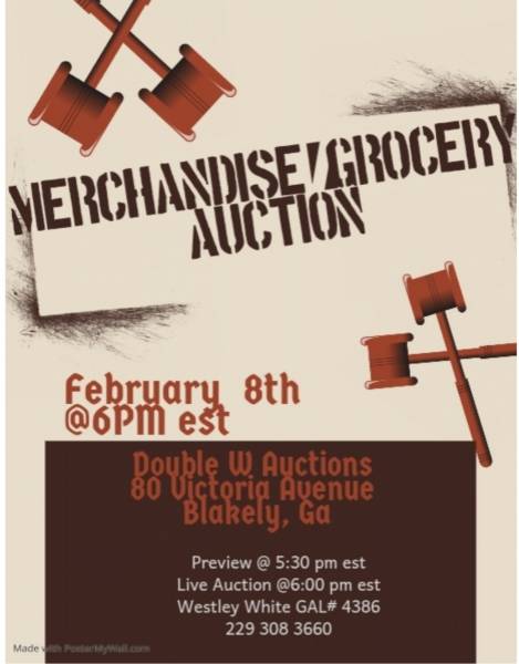 Merchandise and Grocery Auction Tomorrow in Blakley