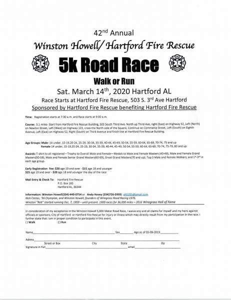 42nd Annual Winston Howell/Hartford Fire Recue 5K Road Race
