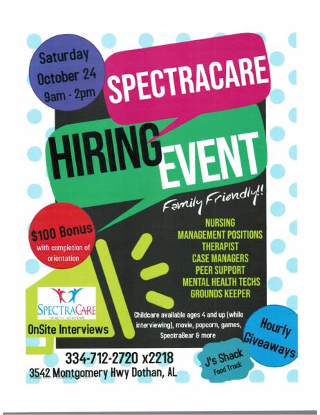 SpectraCare is hosting a hiring event this Saturday, October 24th from 9AM- 1PM