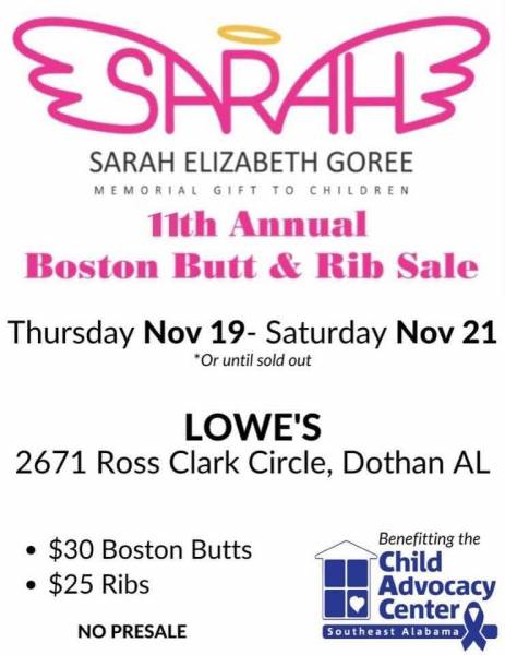 11th Annual Boston Butt and Rib Sale in Honor of Sarah Elizabeth Goree
