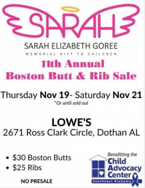 Sarah’s 11th  Annual Boston Butt & Rib Sale