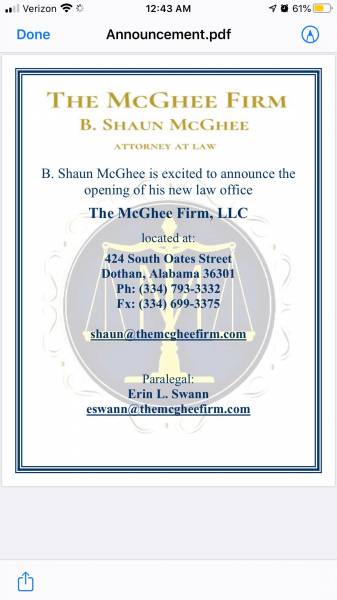 Shaun McGhee - Attorney At Law - Makes An Announcement