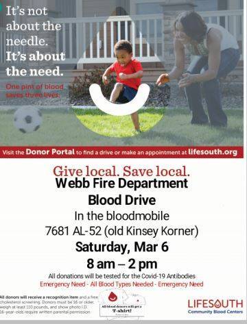 Webb Fire Department to Host Blood Drive Tomorrow