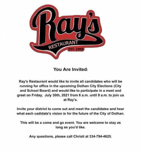 Ray's Restaurant is holding a meet and greet Friday for all City Election Candidates