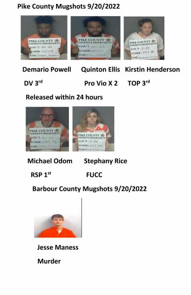 Dale County/Coffee County/Pike County/Barbour County Mugshots 9/20/2022