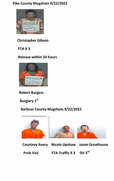 Dale County/Coffee County/Pike County/Barbour County Mugshots 9/22/2022