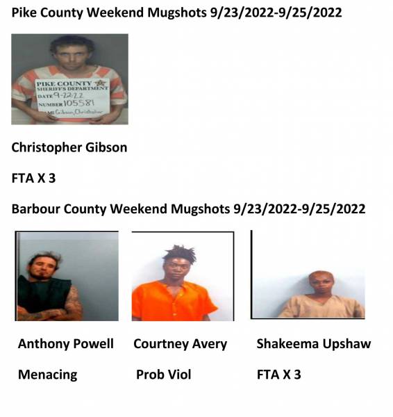 Dale County/Coffee County/Pike County/Barbour County Weekend Mugshots 9/23/2022-9/25/2022