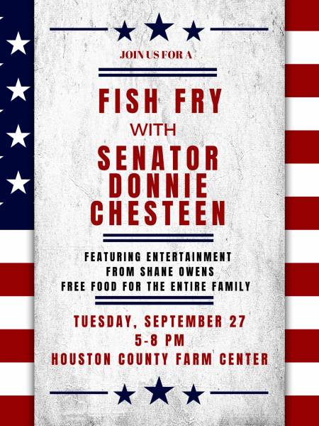 FREE CATFISH Tuesday at 5 PM Houston County Farm Center Sponsored By Senator Chesteen