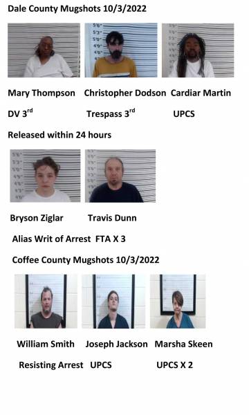Dale County/Coffee County/Pike County/Barbour County Mugshots 10/3/2022