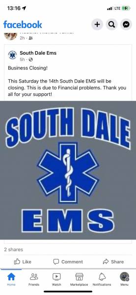 2:02 PM.   South Dale EMS Is CLOSING