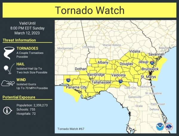 Tornado Watch for our area until 7:00pm Sunday night