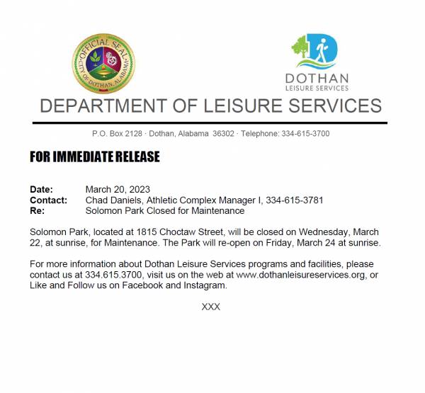 Solomon Park will be closed on Wednesday, March 22