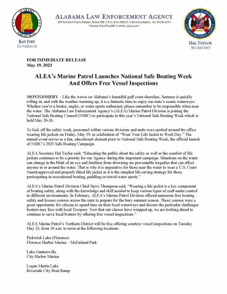 ALEA’s Marine Patrol Launches National Safe Boating Week And Offers Free Vessel Inspections