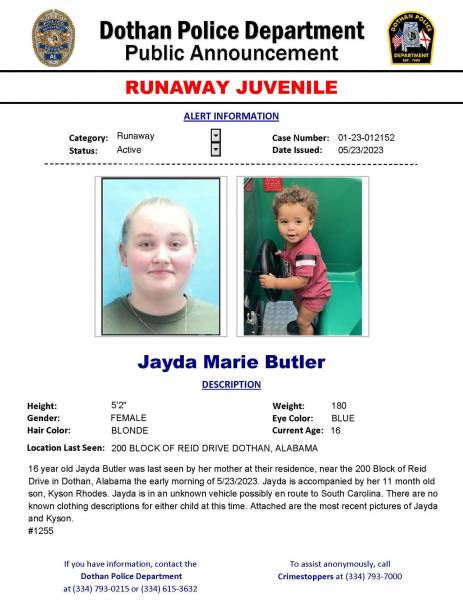 Dothan Police are Asking for help Finding  a Missing 16 year old and Her Toddler
