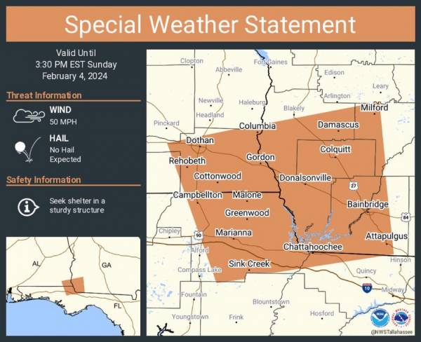 12:56pm A special weather statement has been issued for Dothan AL, until 2:30 PM CST