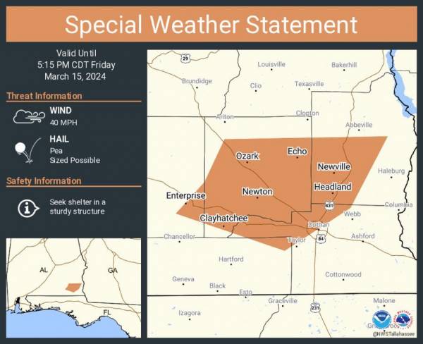 A special weather statement has been issued for Enterprise AL, Ozark AL and  Daleville AL until 5:15 PM CDT